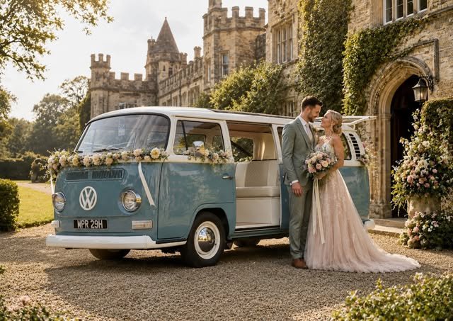 Bride and groom beside the VW camper wedding car outside a Ribble Valley castle wedding venue