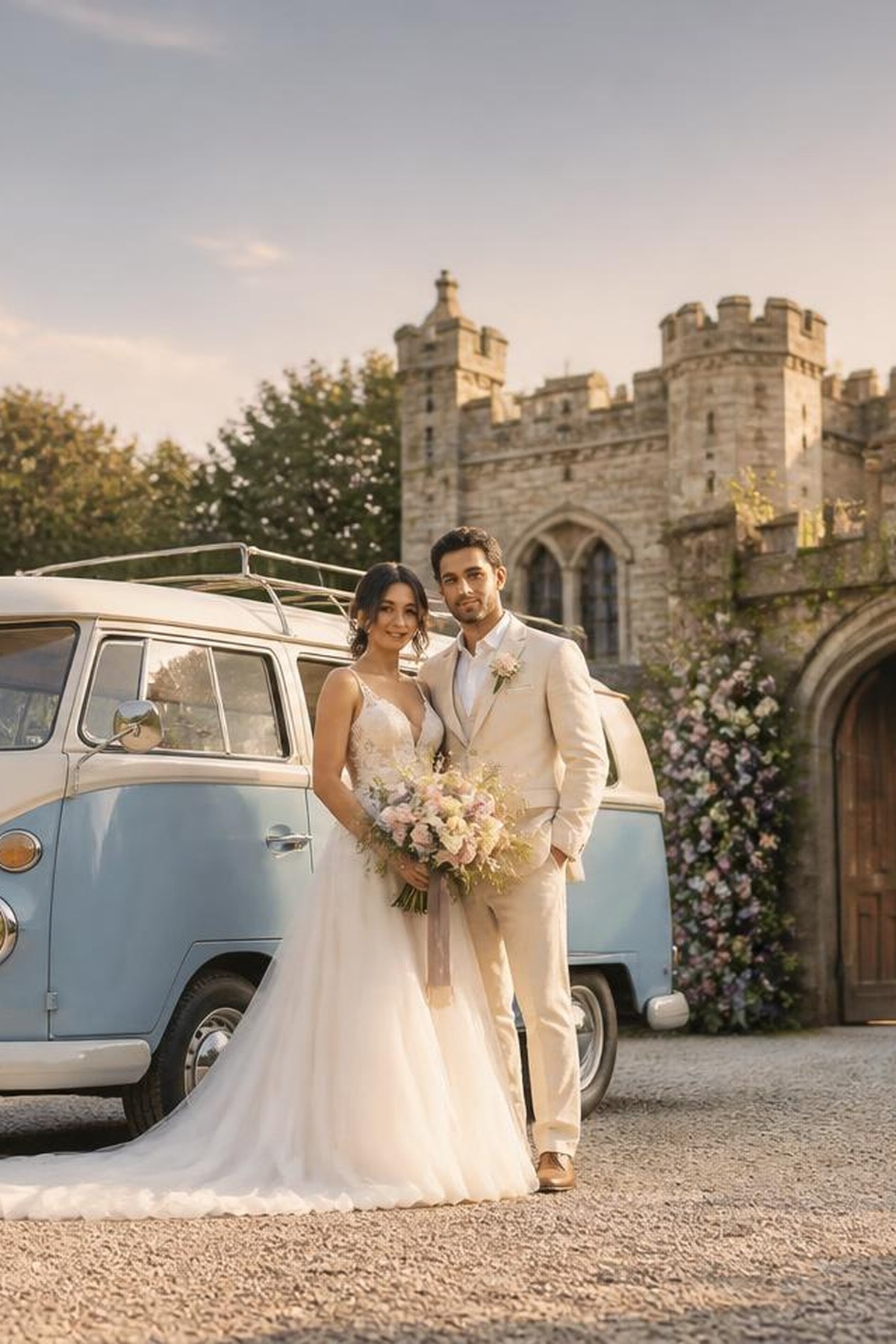 Bride and groom beside a blue and cream VW camper van dressed with flowers outside a Lancashire wedding venue
